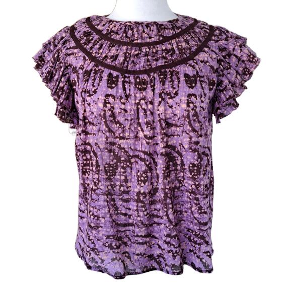 ULLA JOHNSON Amai Blouse Purple Batik Top Size 2 Small Flutter Sleeve Boxy - Picture 2 of 15